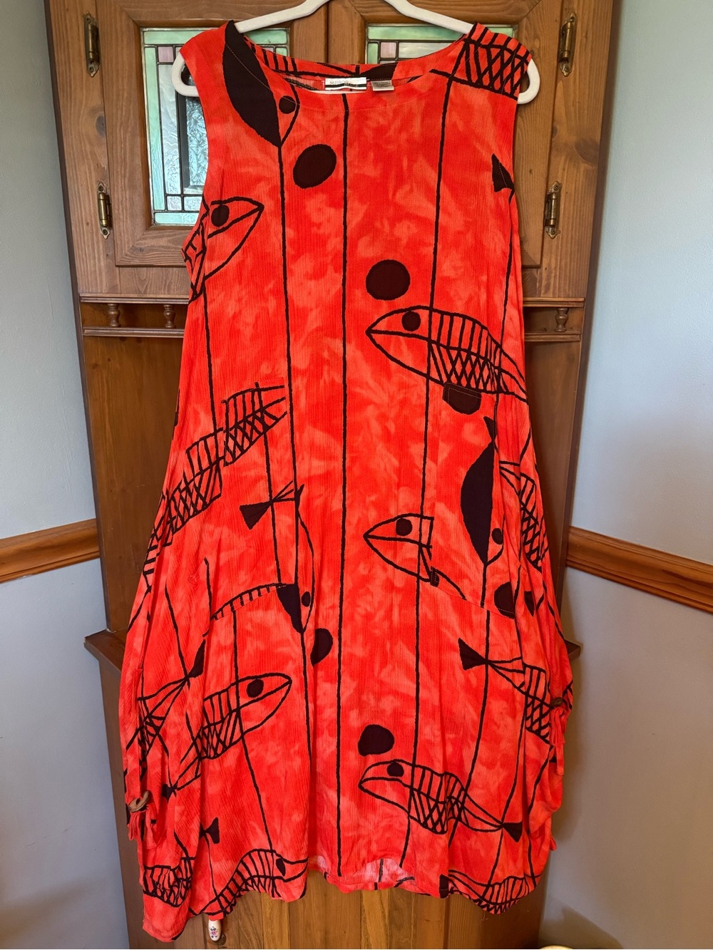 Mirror image  vintage abstract fish print gauzy summer Boho beachy sundress M